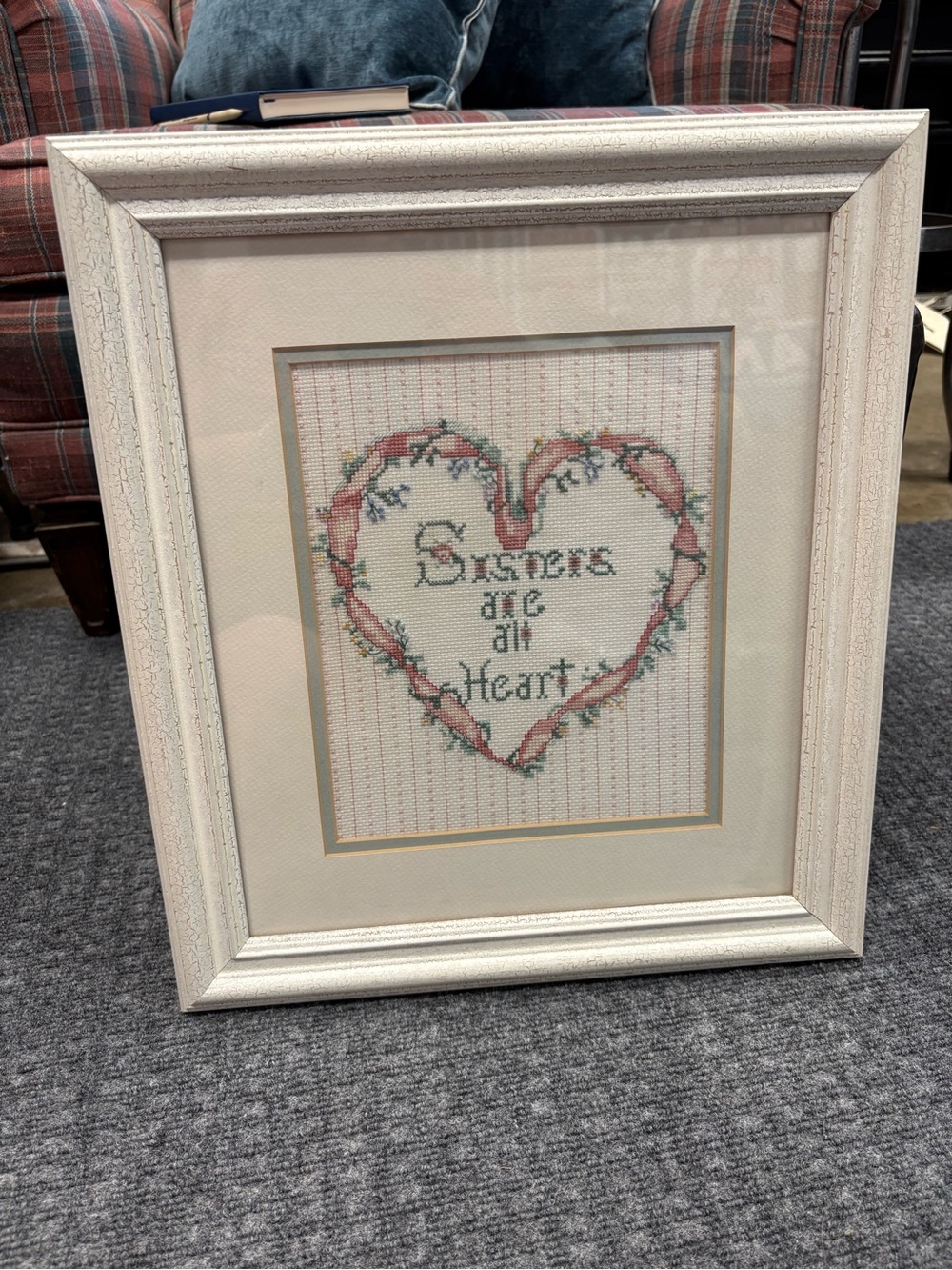 Framed Heart Cross-Stitch Wall Art in Pink – Sisters Are all Heart 15x17
